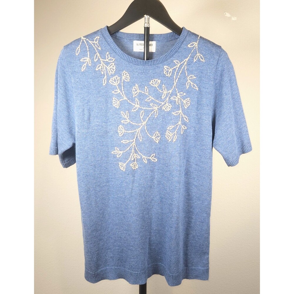 Vintage Alfred Dunner Womens Medium Blue Floral Embroidered Sweater Top USA